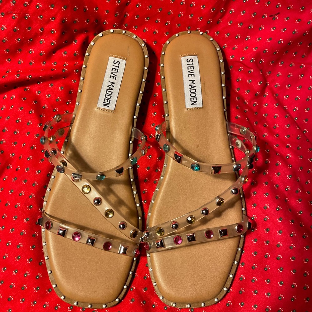 STEVE MADDEN Studded Rhinestone Clear Sandals Flip Flops Shoes 8